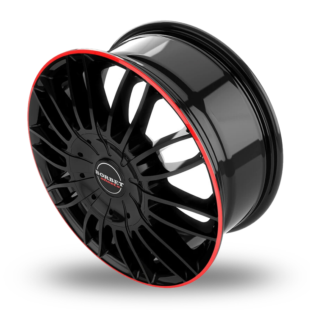 18" Borbet CW3 Gloss Black Red Ring Alloy Wheels