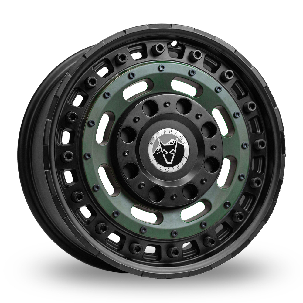 8x17 5x120/5x114.3 ET40 Wolfrace Explorer Slotmag (Matt Black Matt Green) (110.0cb) (1250kg Load) (CH) Alloy Wheels