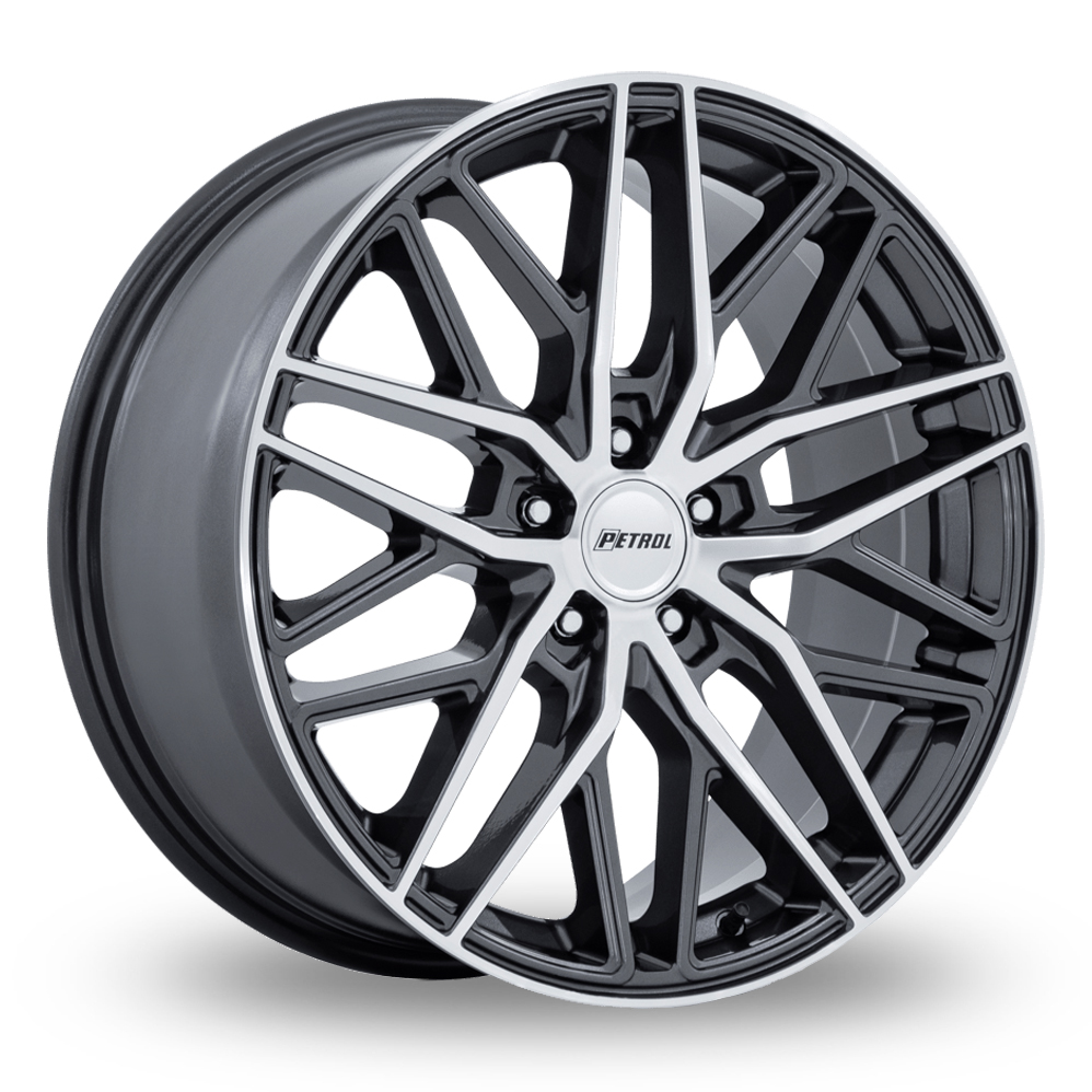 8x18 5x112 ET40 Petrol PE004 P3E (USA Warehouse) (Gloss Gunmetal W Brushed Machined Face) (66.6cb) (943kg Load) (14.4kg Weight) Alloy Wheels